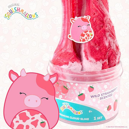 Original Squishmallows Calynda The Cow Premium Cloud Slime, Strawberry Scent, 8 oz. Jar Storage Container with Figurine Topper, Rubber Charm, Goodie Bags Stuffers, Kids Party Favors, Sensory Toys