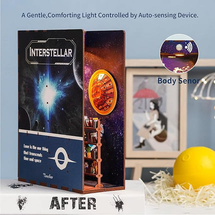 Tonecheer DIY Book Nook Kit for Adults,3D Wooden Puzzle Bookend Bookshelf Insert Library Decor, Booknook Miniature House Kit with Body Motion Sensor LED Light（Interstellar）