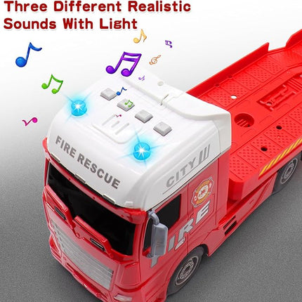 Toddler Boy Toys for 4 5 6 Year Old - 25'' Large Fire Truck Toy with Helicopter and Racing Car - Flatbed Semi Truck Firetruck Toy Birthday Gift with Sound, Light, 28pcs Traffic Signs, Kids Toys