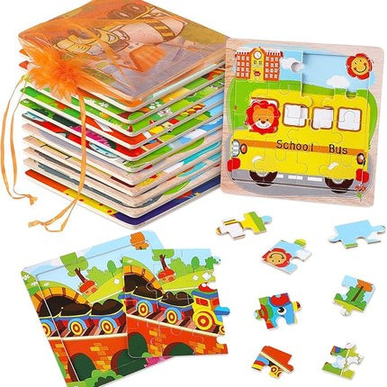 SANNIX 12 Pack Wooden Jigsaw Puzzles for Toddlers 3 4 5 Years Old, Party Favors Transportation Jigsaw for Kids, Educational Puzzles Travel Toy with 12 Organize Bags