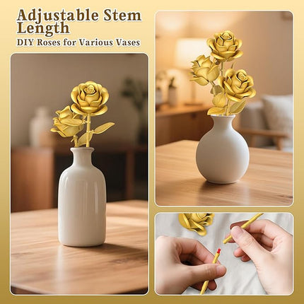 Gold Roses Flower Building Set - 3 Roses Bouquet Botanical Building Blocks for Adult, Home Decor Romantic Anniversary Valentine's Day Gift for Her, Wife, Girlfriend, Mom