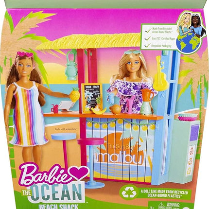 Barbie Loves The Ocean Playset, Beach Shack with 18+ Accessories Including Stools, Food & More, Made from Recycled Plastics