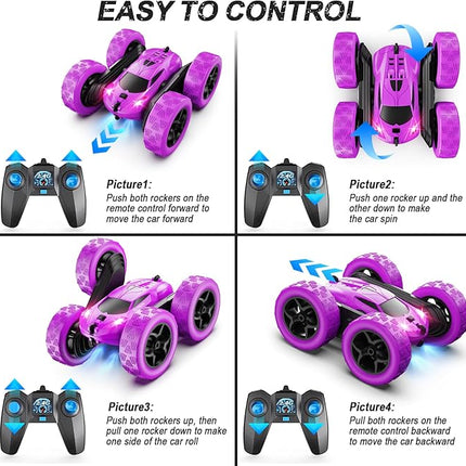 RC Cars, Purple Remote Control Car for Girls, 2.4 GHZ Double Sided RC Stunt Car 360° Rotating Remote Control Crawler with Headlights Car Toys for 6 7 8 9 10 11 12 Girls Birthday Gift