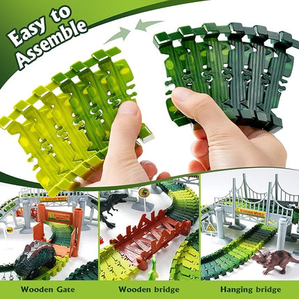 218 PCS Race Tracks Dinosaur Toys for Kids 3-5, Glow in The Dark Magic Toy Set, 2 Dinosaur Cars Track, Flexible DIY Track Set, Birthday Gift for Age 3-9 Boys Toddler Girls