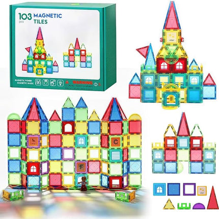103 PCS Magnetic Tiles for Kids – STEM & Montessori Magnetic Building Blocks for Boys and Girls Ages 3 and Up - Durable & Safe Magnetic Toys Gift Set