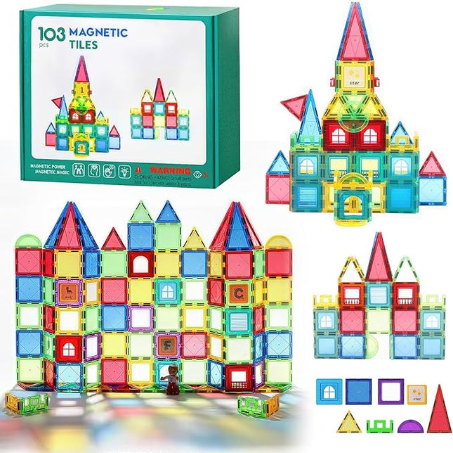 103 PCS Magnetic Tiles for Kids – STEM & Montessori Magnetic Building Blocks for Boys and Girls Ages 3 and Up - Durable & Safe Magnetic Toys Gift Set