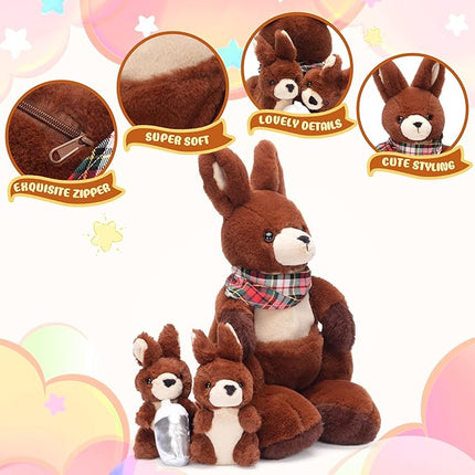 IKASA Mommy Kangaroo Stuffed Animal Mom and Baby Plush Toy, Cute 15.5" Soft Cuddly Family Set with Little Mini Babies,Gifts for Kids