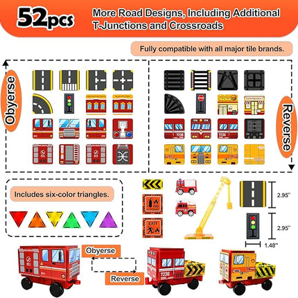 Magnetic Tiles Road Set with Fire Truck Magnetic Crane, Creative Construction Toys for Kids Ages 3-12, Boys & Girls, Fire Rescue Station and Engineering Themed Magnetic Building Blocks