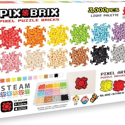 Pix Brix Pixel Art kit Puzzle Bricks - 3,000 Piece Pixel Art Container, 12 Color Light Palette - Interlocking Building Bricks, Create 2D and 3D Builds Without Water or Glue - Stem Toys, Ages 6 Plus