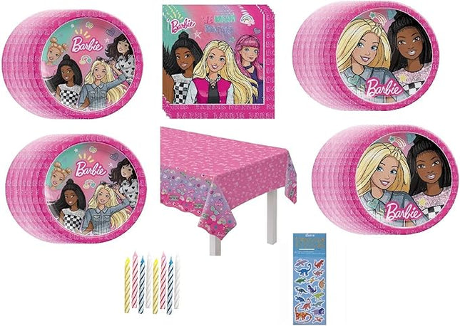 Barbie Dream Birthday Party Supplies Bundle Pack includes Dessert Plates, Lunch Plates, Napkins, Table Cover, Candles (Bundle for 16)