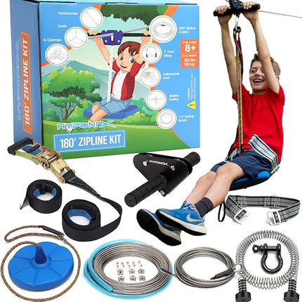 Hyponix Sporting Zip Line Kit for Kids and Adults, 100/120/150/200 ft, Up to 350 Lbs, Removable Trolley, Rustproof Stainless Steel, Quick Setup with Ratchet, Safety Harness, Backyard Adventure Fun