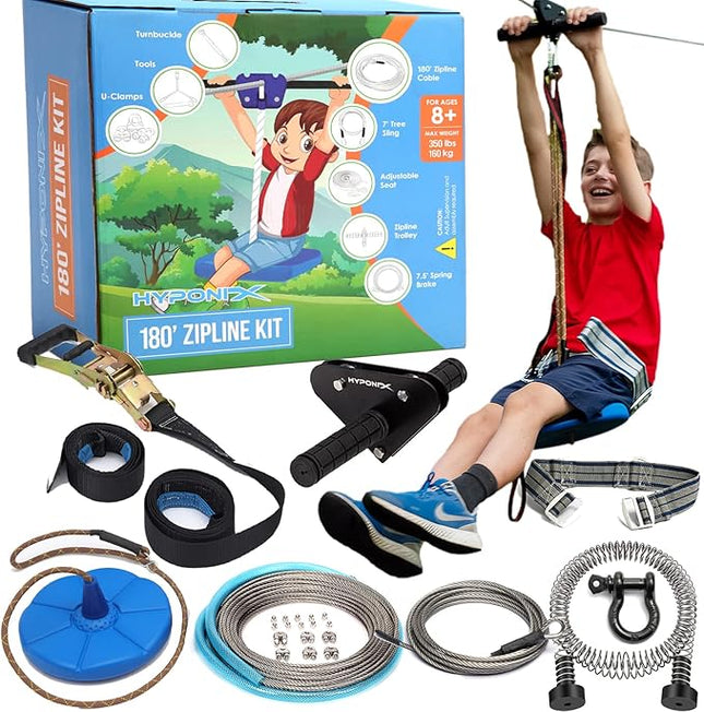 Hyponix Sporting Zip Line Kit for Kids and Adults, 100/120/150/200 ft, Up to 350 Lbs, Removable Trolley, Rustproof Stainless Steel, Quick Setup with Ratchet, Safety Harness, Backyard Adventure Fun