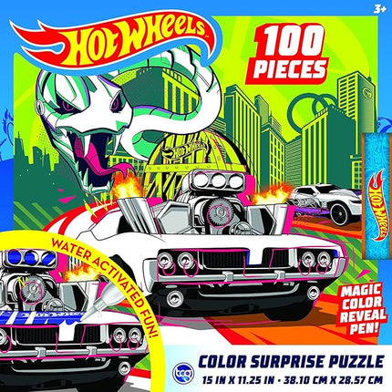 Hot Wheels - Color Surprise Puzzle - 100 Piece Magic Water Reveal Puzzle with Water Pen Included. Great Birthday Gift for Boys and Girls!