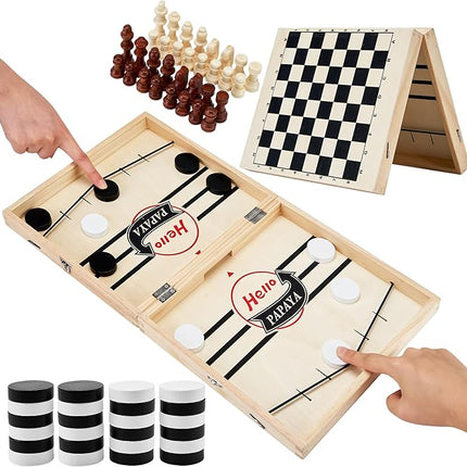 Foldable Fast Sling Puck Game with Chess Board and Checkers Board, Tic Tac Toe. Wooden Air Hockey Family Night,Table Games Gifts for Adults and Kids