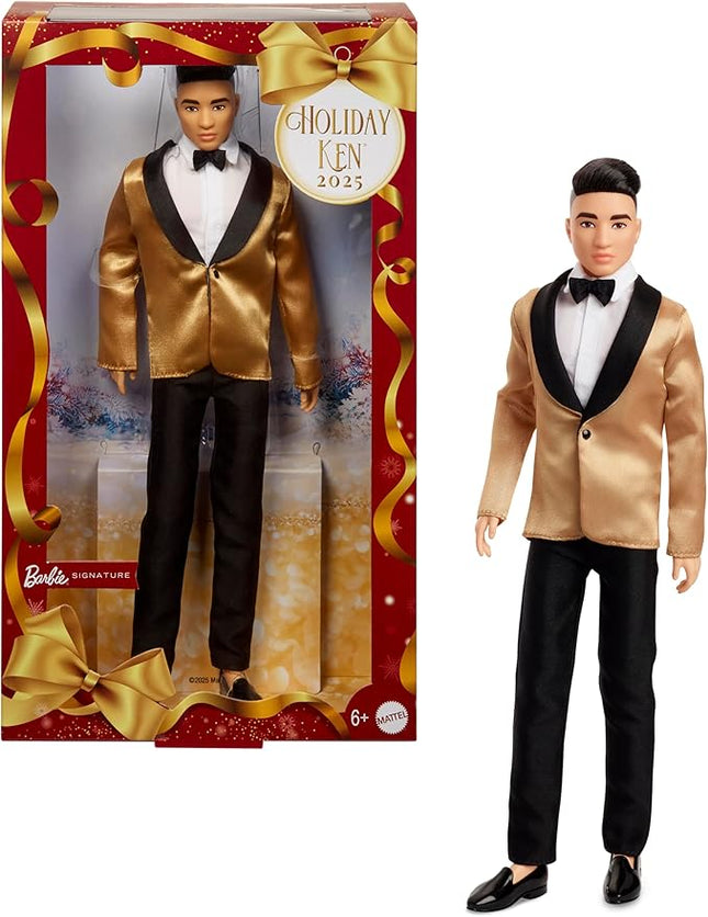 Barbie Signature 2025 Holiday Black Hair Ken Collectible Fashion Doll Wearing Full Suit with Golden Jacket in Displayable Packaging & Doll Stand