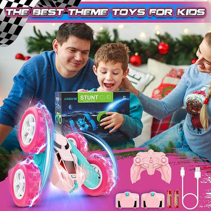 RC Cars, Pink Remote Control Car for Girls, 2.4 GHZ Double Sided RC Stunt Car 360 Rotating Remote Control Cars with Headlights Toys for 6 7 8 9 10 11 12 Girls Birthday Gift