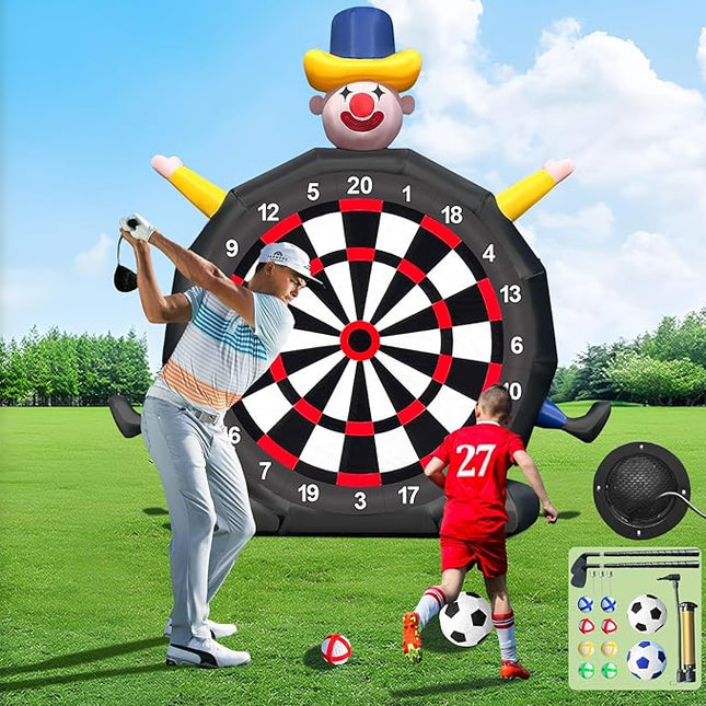 13FT Giant Inflatable Soccer Dart Board with Built-in Blower - Clown Themed Sport Kick Dartboard Perfect for Adults Family Parties,Carnival, Includes 8 Golf Balls, 2 Telescoping Club, 2 Soccer Balls