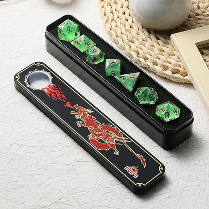 DNDND Full 7 Piece Sharp Edge Dice Set with Carton Stickers for Dungeons and Dragons D&D Table Games (Green with Carton)