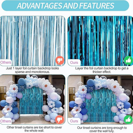 2 Pack Baby Blue Foil Fringe Curtains Door Streamers Party Decorations 3.3 x 8.2 ft, Tinsel Curtain Fringe Backdrop for Parties, Door Fringe Birthday Streamers, Photo Booth Backdrops, Party Decor