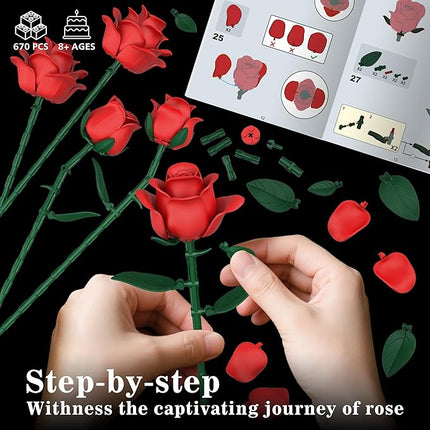 Red Roses Flower Bouquet Building Sets, 670Pcs Artificial Flowers Building Blocks Compatible with Lego Flowers for Adults Christmas Birthday Gifts for Women Mom Valentines Day Gifts