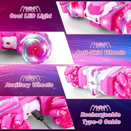 Spider Remote Control Car, Double Sided 360°Rotating USB Direct Charging RC Cars with Cool Lights, 2.4Ghz Drift RC Stunt Car, 360°Rotating 4WD Off-Road Race Toys for 4-12 Boy Girl Kids Gifts(Pink)