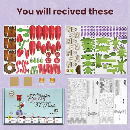 Jege 3D Flowers Wooden Puzzles for Adults,DIY Wooden 2 Flowers per Kit Building Set for Home Decor, Creative Craft Gift Toys Kits with 2 Perfume Bottles and Diffuser Sticks (Rose + Lilac)