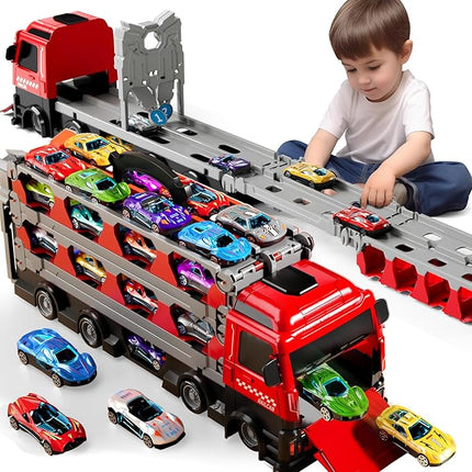 Toy Truck for 3 4 5 6 Years Old Kids Boys, 78-Inch Race Track Transport Vehicle and 12 Die-Cast Metal Toy Cars, Carrier Truck Toddler Truck Car Toys Set Gifts for Age 3-12 Years Old Kids Boys