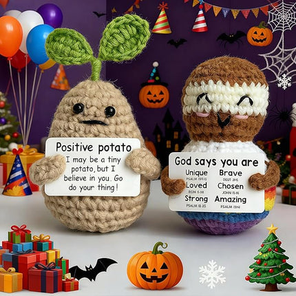Mini Funny Knitted Wool Potato Toy with Positive Card - Creative Cute Crochet Doll Cheer Up Gift for Friends, Parties, Christmas Decoration and Encouragement
