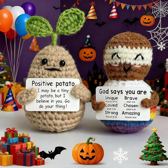 Mini Funny Knitted Wool Potato Toy with Positive Card - Creative Cute Crochet Doll Cheer Up Gift for Friends, Parties, Christmas Decoration and Encouragement