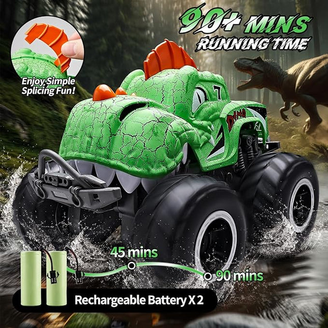 Monster Truck Toys, 1:20 Waterproof Dinosaur Monster Trucks for Boys Age 4-7, 2.4GHz All Terrain RC Cars with 2 Batteries, 360° Rotating Stunt RC Car Toy Birthday Gift for Kids 3-5