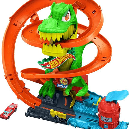Hot Wheels Toy Car Track Set, City T-Rex Blaze Battle Playset & 1:64 Scale Die-Cast Vehicle, 18” Tall, Multiple Race Outcomes, Spinning Dinosaur Eyes
