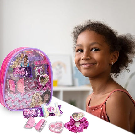 Barbie - Townley Girl Backpack Cosmetic Makeup Gift Bag Set includes Hair Accessories and Printed PVC Back-pack for Kids Girls, Ages 3+ perfect for Parties, Sleepovers and Makeovers