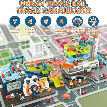 Fisca 2-in-1 Race Car Tracks PlaySet for Kids, Toy Car Ramp Track and Lifting Parking Lot, Dual Mode Toddler Car Track Toy Playset with 6 Cars, Automatic Rotary Elevator, Steering Wheel Music Driving