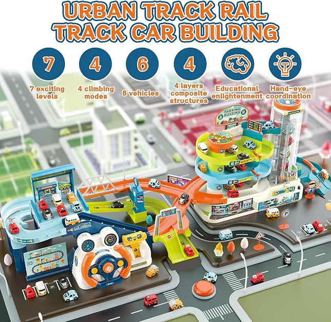 Fisca 2-in-1 Race Car Tracks PlaySet for Kids, Toy Car Ramp Track and Lifting Parking Lot, Dual Mode Toddler Car Track Toy Playset with 6 Cars, Automatic Rotary Elevator, Steering Wheel Music Driving