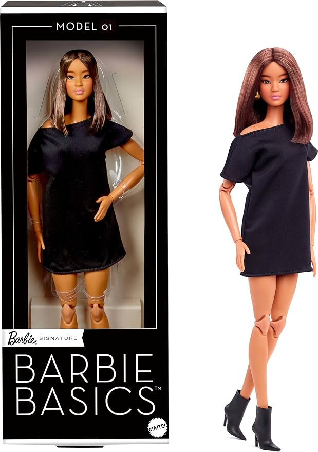 Barbie Basics Model 01 Collector Doll with Brunette Hair, Black Mini Dress & Shoes, Universal-fit Fashions, Posable Body & Swappable Doll Head