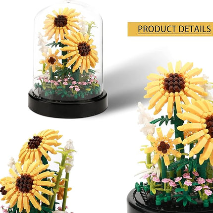 Sunflower DIY Building Blocks Kit - 545 PCS Botanical Flower Bouquet Micro Bricks for Adults & Kids Ages 6+, Creative STEM Gift, Home & Office Decor with Dust Cover