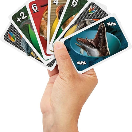 Mattel Games UNO Jurassic World Rebirth Card Game in a Collectible Tin for Kids, Adults & Family with Special Rule & Images Inspired by The Movie