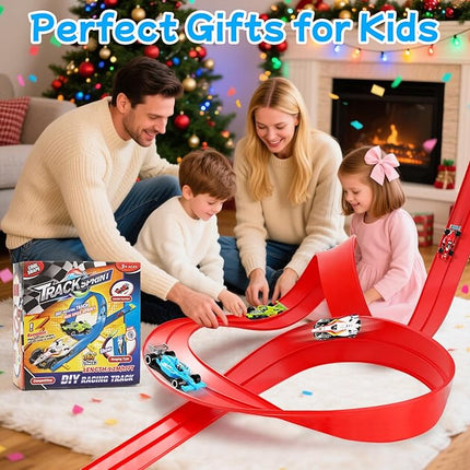 Ancaixin Flexible Race Track 17Ft Toys for Kids, Car Track with 4 Small Racecars Compatible with Hot Wheels and Diecast 1/64th Cars, Rolls Up Portable Racetrack, Birthday Gifts for Boys Girls Ages 3+