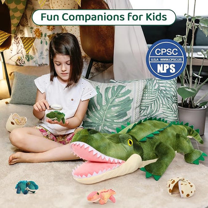 MorisMos Plush Alligator Stuffed Animal with Babies,23.6'' Mommy Stuffed Alligator with 3 Baby Crocodile Animals & 3 Plush Eggs,Lifelike Crocodile Toys for Kid 3-5 Birthday Decor
