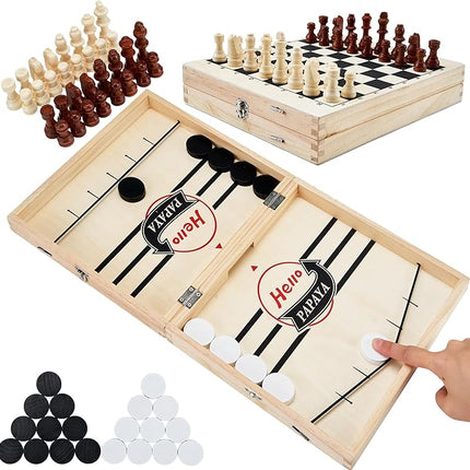 Foldable Fast Sling Puck Game with Chess Board and Checkers Board, Tic Tac Toe. Wooden Air Hockey Family Night,Table Games Gifts for Adults and Kids