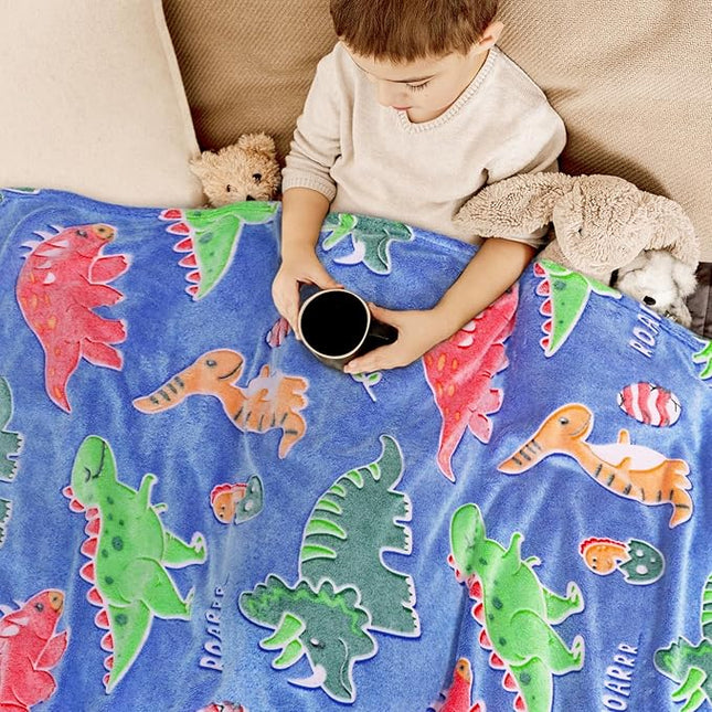 Twin Size Glow in The Dark Dinosaur Blanket - Extra Large Soft Dino Throw for Kids Teens, Boys Girls Bedroom Decor, Gift for Birthdays Christmas