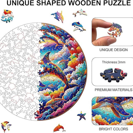 Wooden Puzzle for Adults – Unique Dolphin-Shaped Jigsaw, Colorful Ocean Animal Design Brain Teaser for Kid & Teen, 220 Pieces, 10"x10", Ships as Whole Puzzle Board, Gift-Ready Box, Fun Family Game