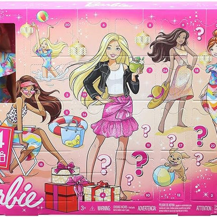 Barbie Advent Calendar with Barbie Doll (12-in), 24 Surprises Including Day-to-Night Trendy Clothing & Accessories, Festive Holiday Themed Packaging for Kids 3 to 7 Years Old
