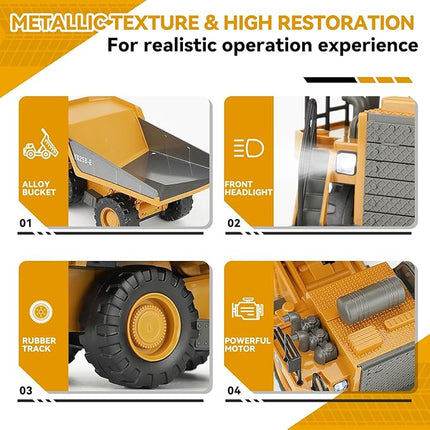 Remote Control Dump Truck, RC Construction Vehicle for Kids with 9 Channel Metal Bed Light Sound & Rechargeable Battery, Electric Transport Garbage Truck Toy for Toddlers Boys Girls Age 3+