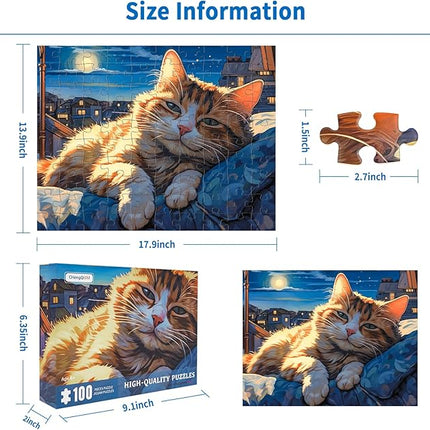 100 Piece Puzzles for Kids, Sleepy Cat 100 Piece Puzzles for Adults, Side Lying Cat Puzzle Cozy Scene Puzzle, Cute Kitten Jigsaw Puzzles 100 Pieces for Seniors Teens Kids Ages 6-10