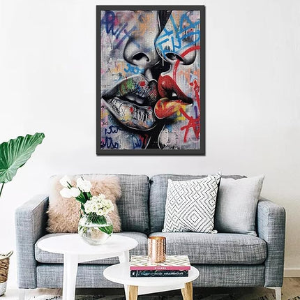 Love Couple Jigsaw Puzzle Street Graffiti Art 1000 Piece Jigsaw Puzzles for Adults Red and Black Lips Touching Home Decoration Family Puzzle Perfect for Game Nights Ideal Gift Choice 20 x 27 Inch