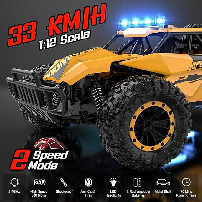 BLUEJAY Remote Control Car for Boys, RC Cars, 1:12 Monster RC Truck Off Road with LED Headlight and Rechargeable Battery Gifts for Adults Boys 8-12