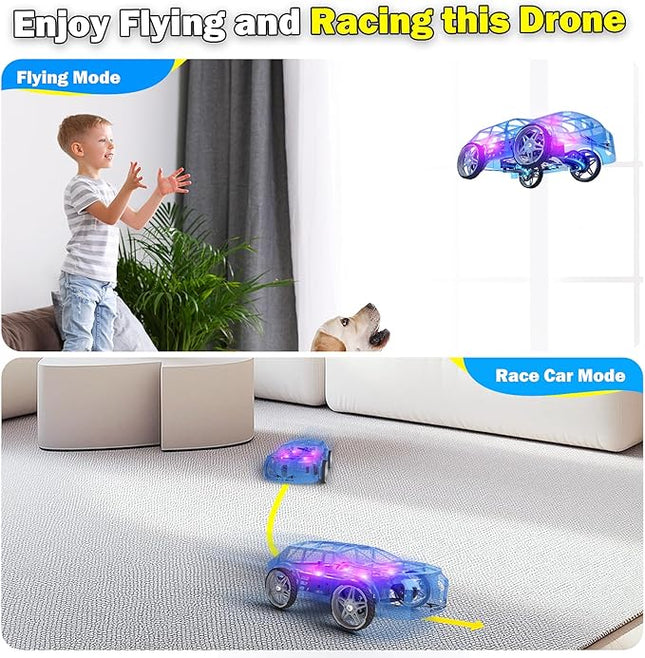 RC Drone Car Mini RC Drone & Flying Car, Remote Control Quadcopter with One Key Take Off/Landing, LED Lights, Easy to Fly Toy Drones for Kids 8-12