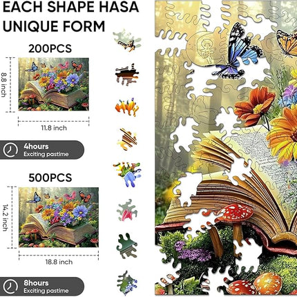 Wooden Puzzles for Adults 500 Pieces, Butterfly Flying of Book Jigsaw Puzzles, Irregular Puzzles Creative Gift for Adults and Kids Family Brain Game, 14.2x18.8 inch