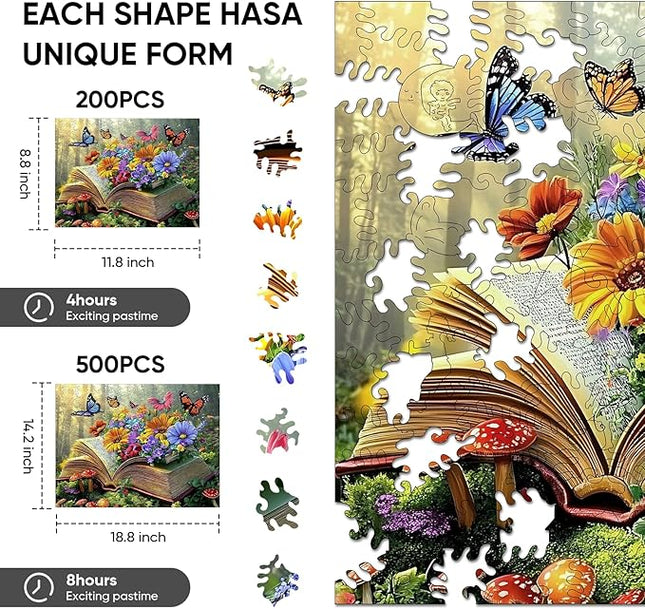 Wooden Puzzles for Adults 500 Pieces, Butterfly Flying of Book Jigsaw Puzzles, Irregular Puzzles Creative Gift for Adults and Kids Family Brain Game, 14.2x18.8 inch